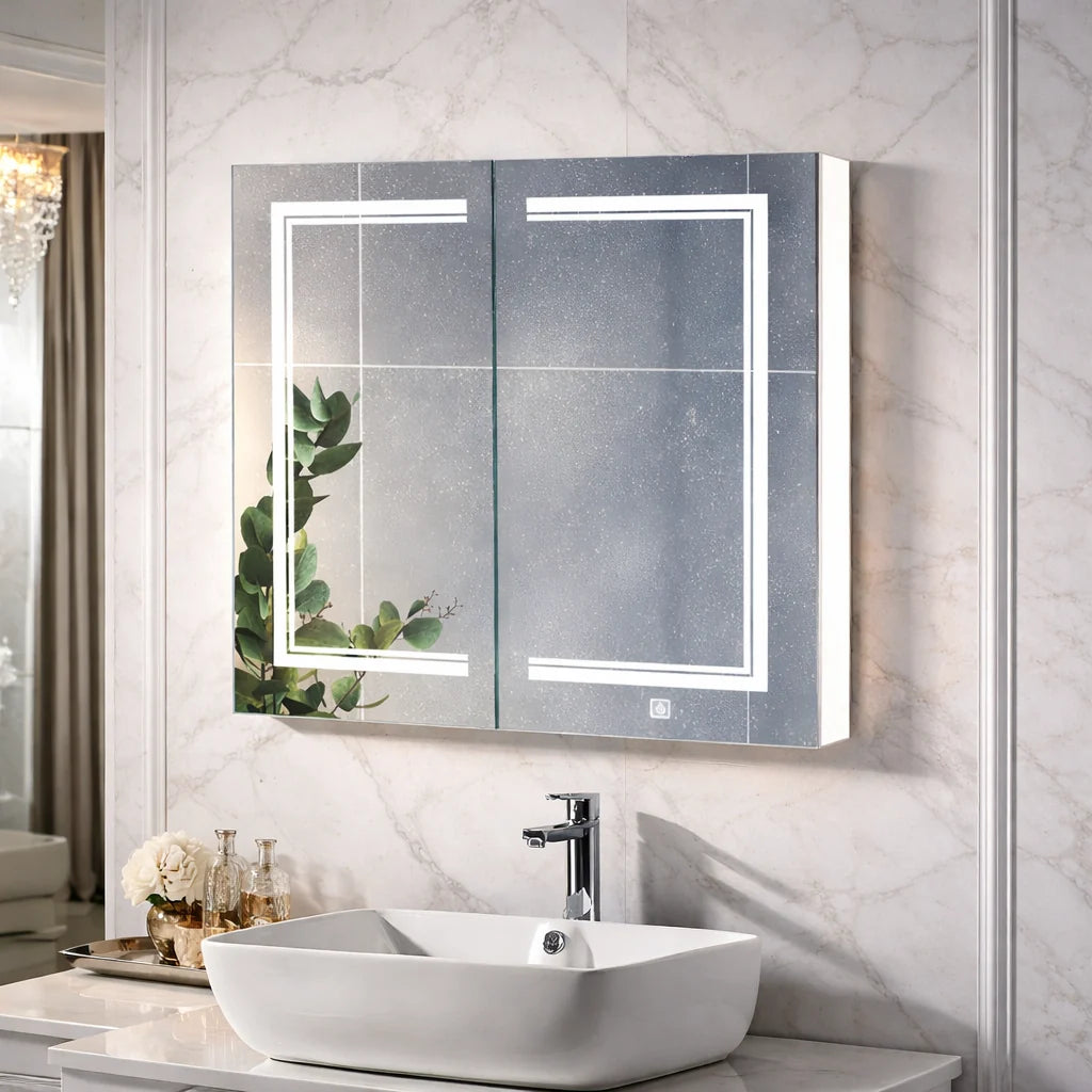 Contemporary LED Vanity Mirror Cabinet with Abstract Border Lighting