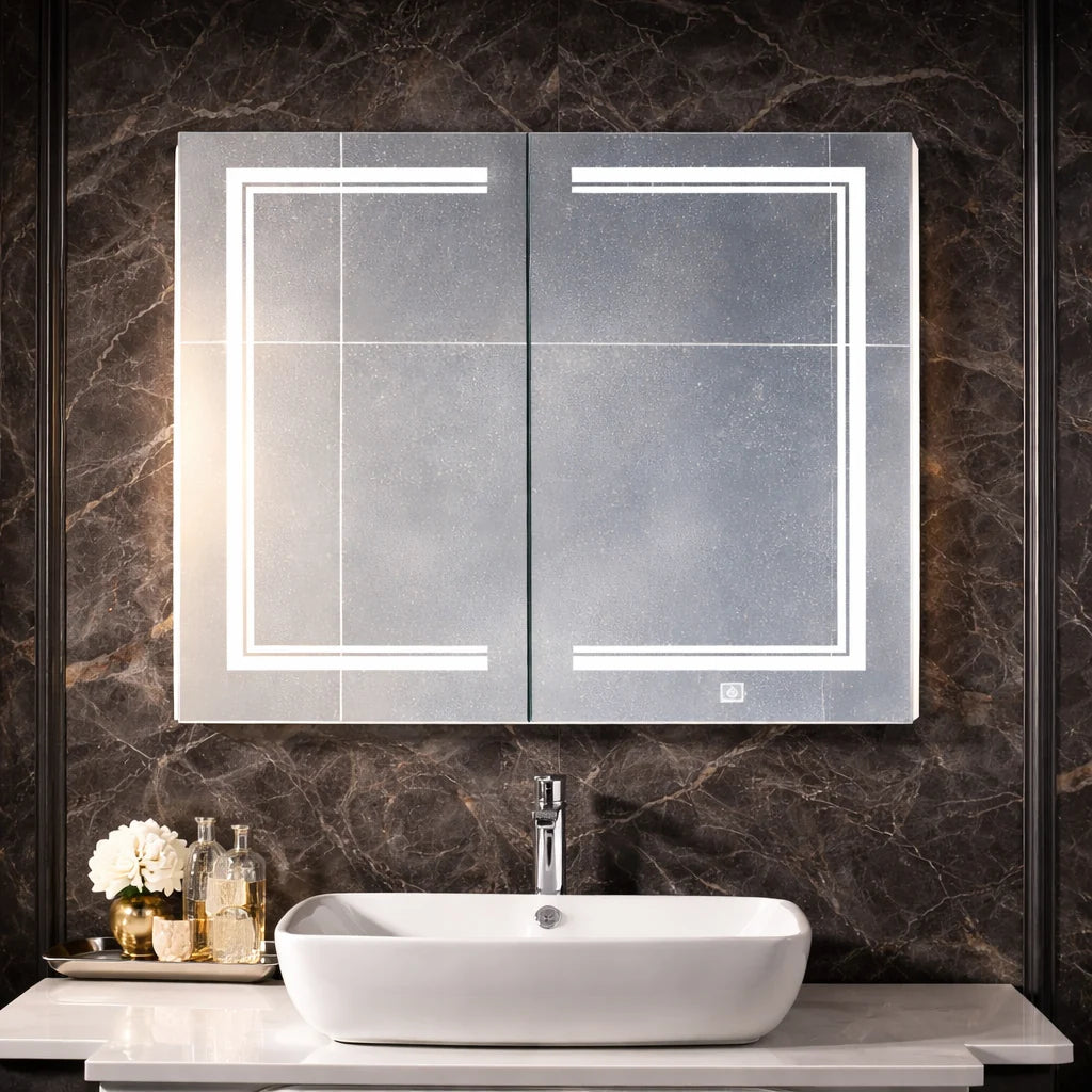 Contemporary LED Vanity Mirror Cabinet with Abstract Border Lighting