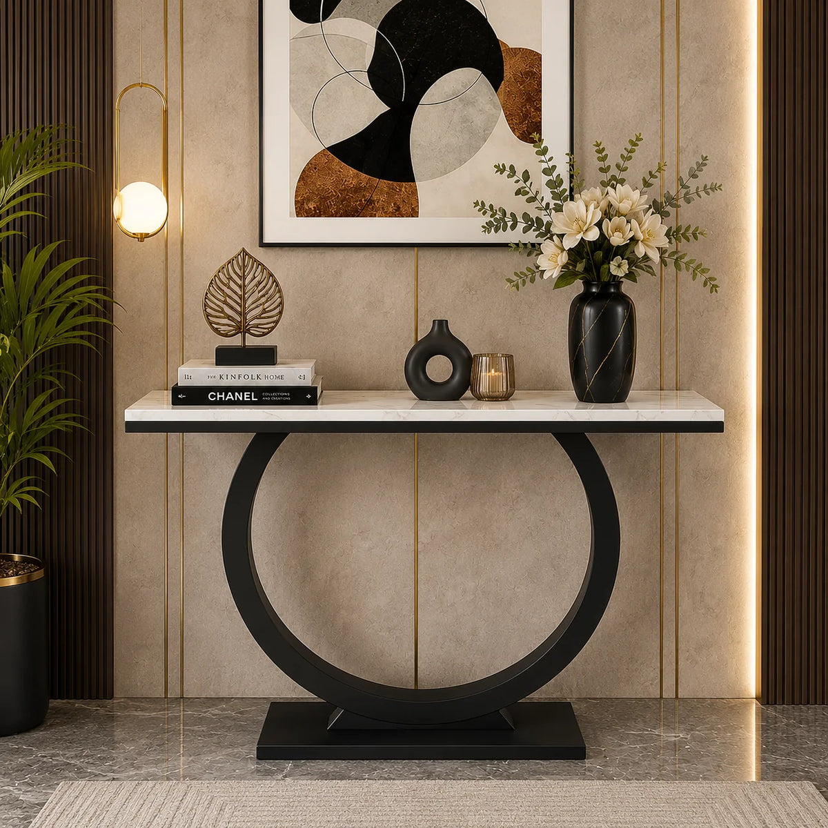 Contemporary Marble Console Table with Artistic Black Circle Support