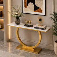 Contemporary Marble Console Table with Artistic Gold Circle Support