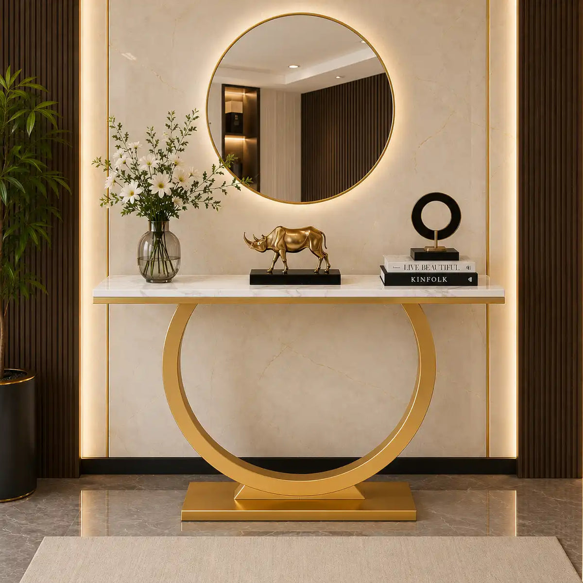 Contemporary Marble Console Table with Artistic Gold Circle Support