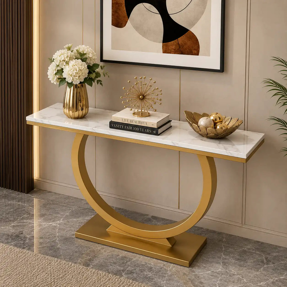 Contemporary Marble Console Table with Artistic Gold Circle Support