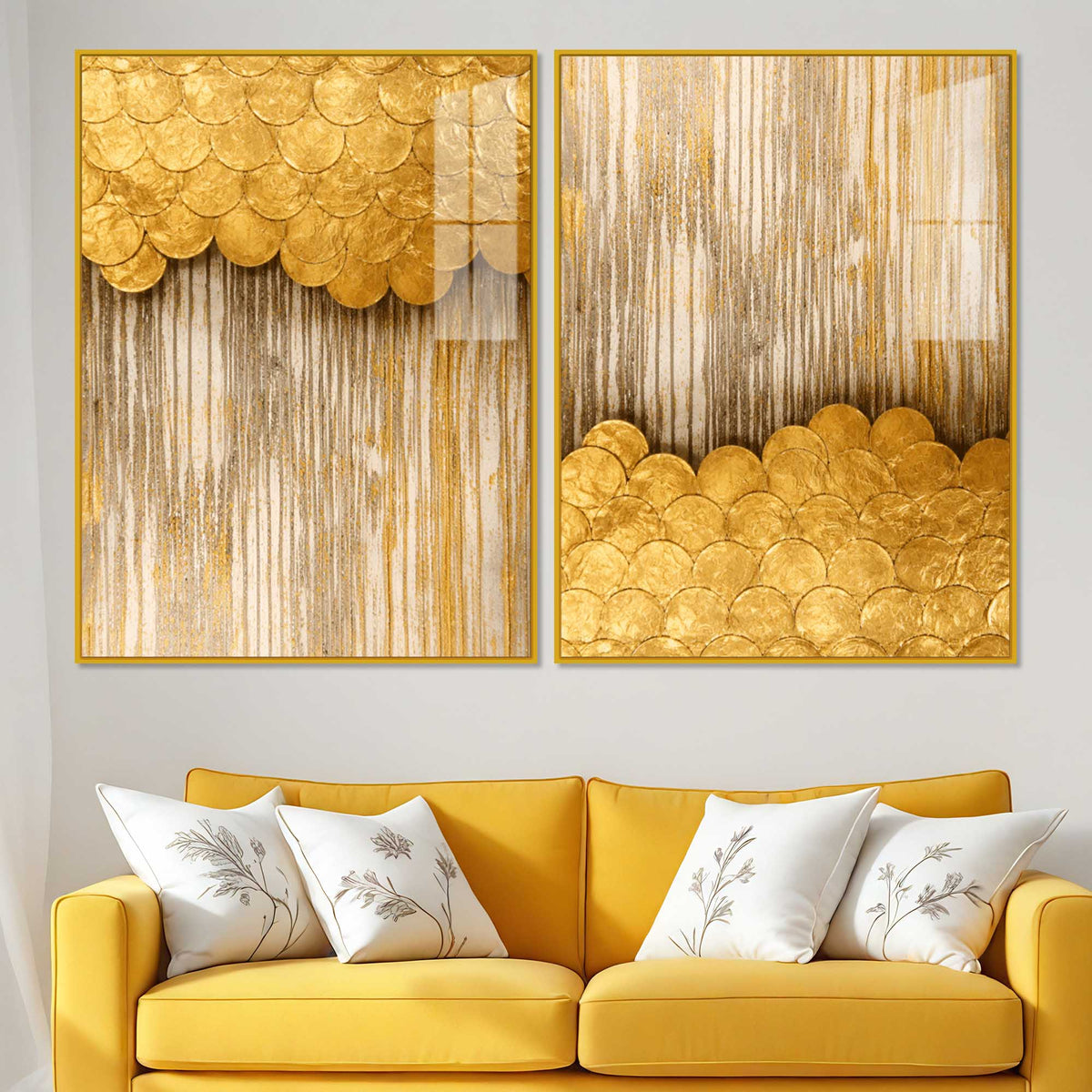 Contemporary Metallic Golden Abstract Acrylic Floating Wall Painting Set of 2