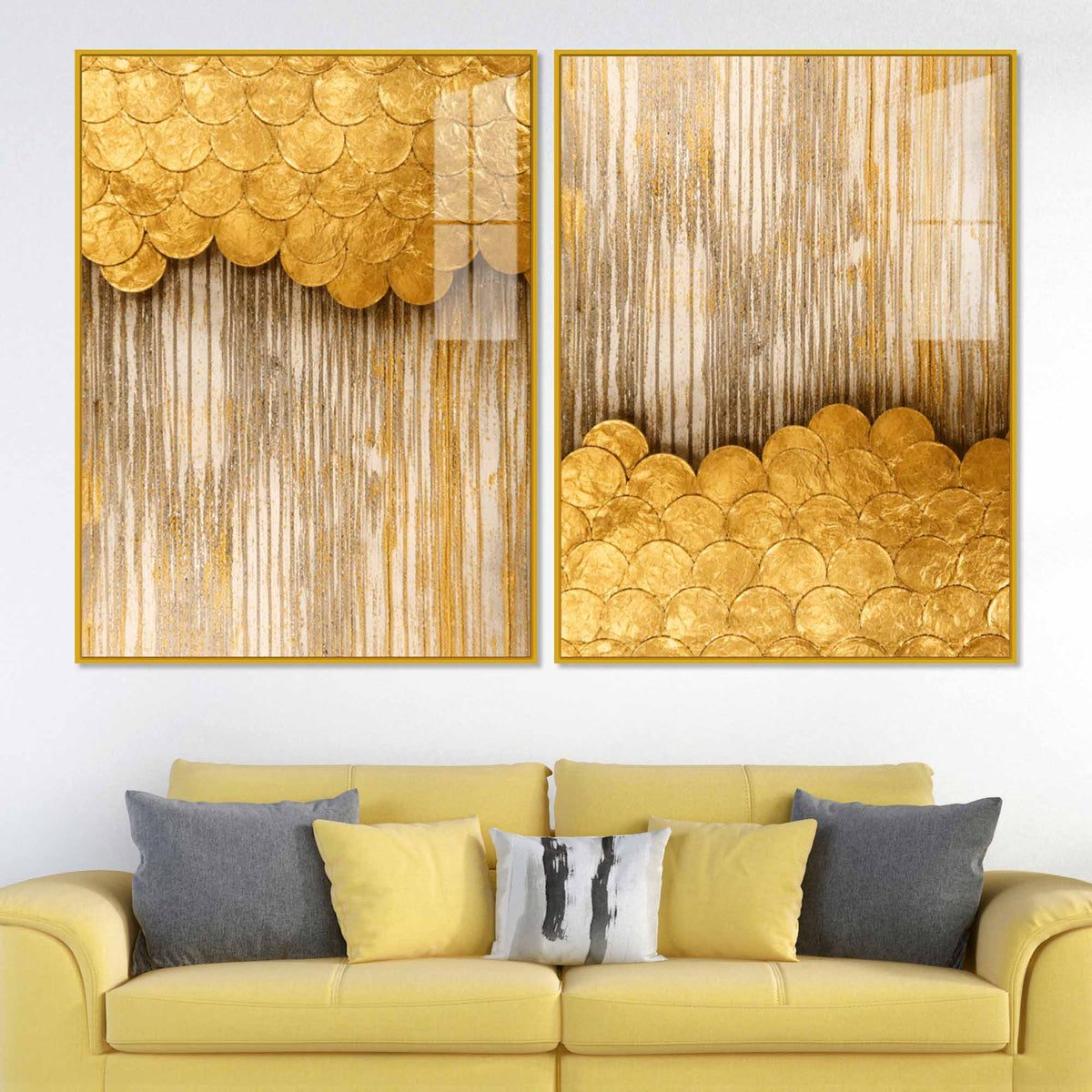 Contemporary Metallic Golden Abstract Acrylic Floating Wall Painting Set of 2