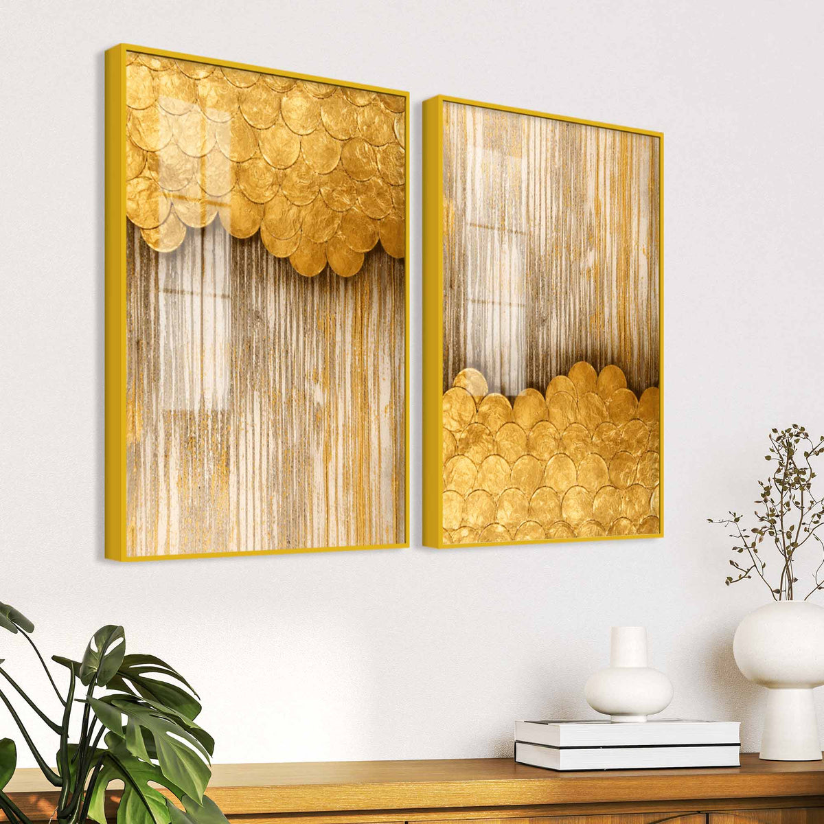 Contemporary Metallic Golden Abstract Acrylic Floating Wall Painting Set of 2