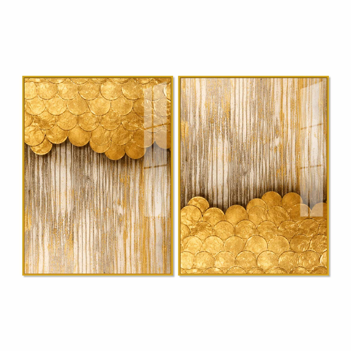 Contemporary Metallic Golden Abstract Acrylic Floating Wall Painting Set of 2
