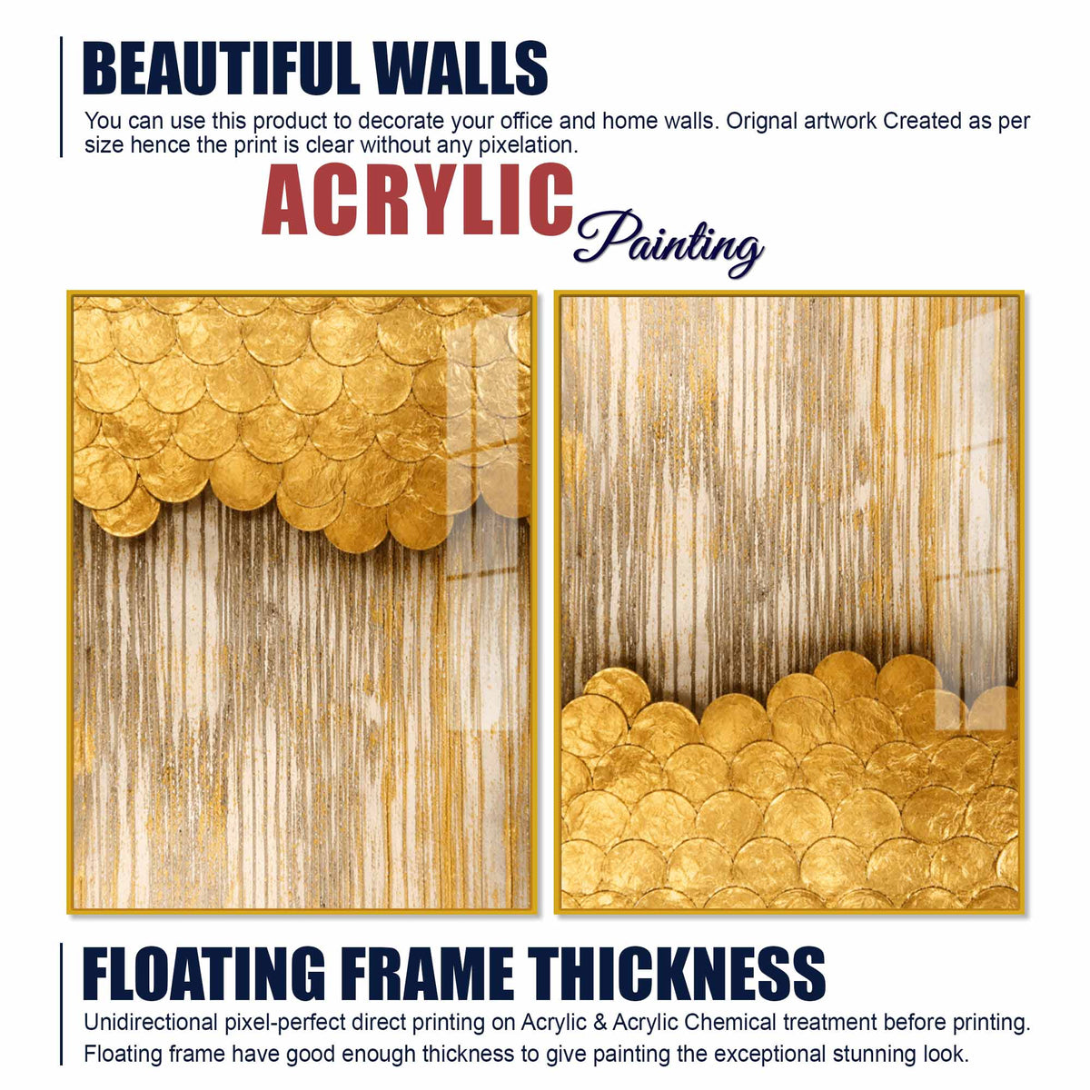 Contemporary Metallic Golden Abstract Acrylic Floating Wall Painting Set of 2