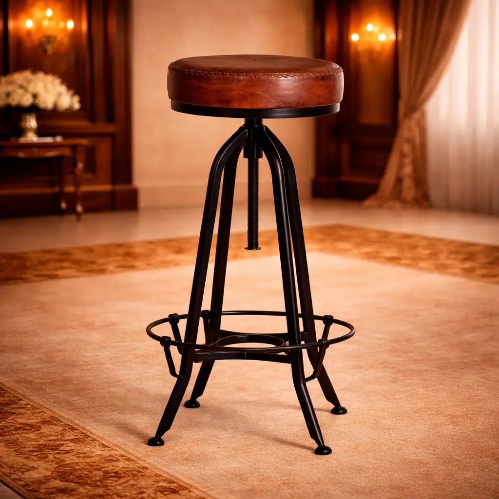 Height Adjustable Lounge Bar with Vintage Leather Seat