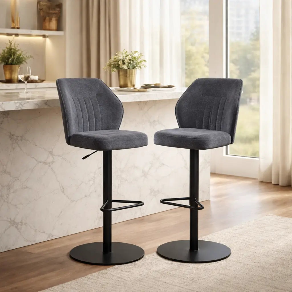 Contemporary Rich Grey Velvet Bar Stools with Matte Black Base