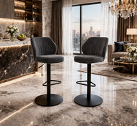 Contemporary Rich Grey Velvet Bar Stools with Matte Black Base
