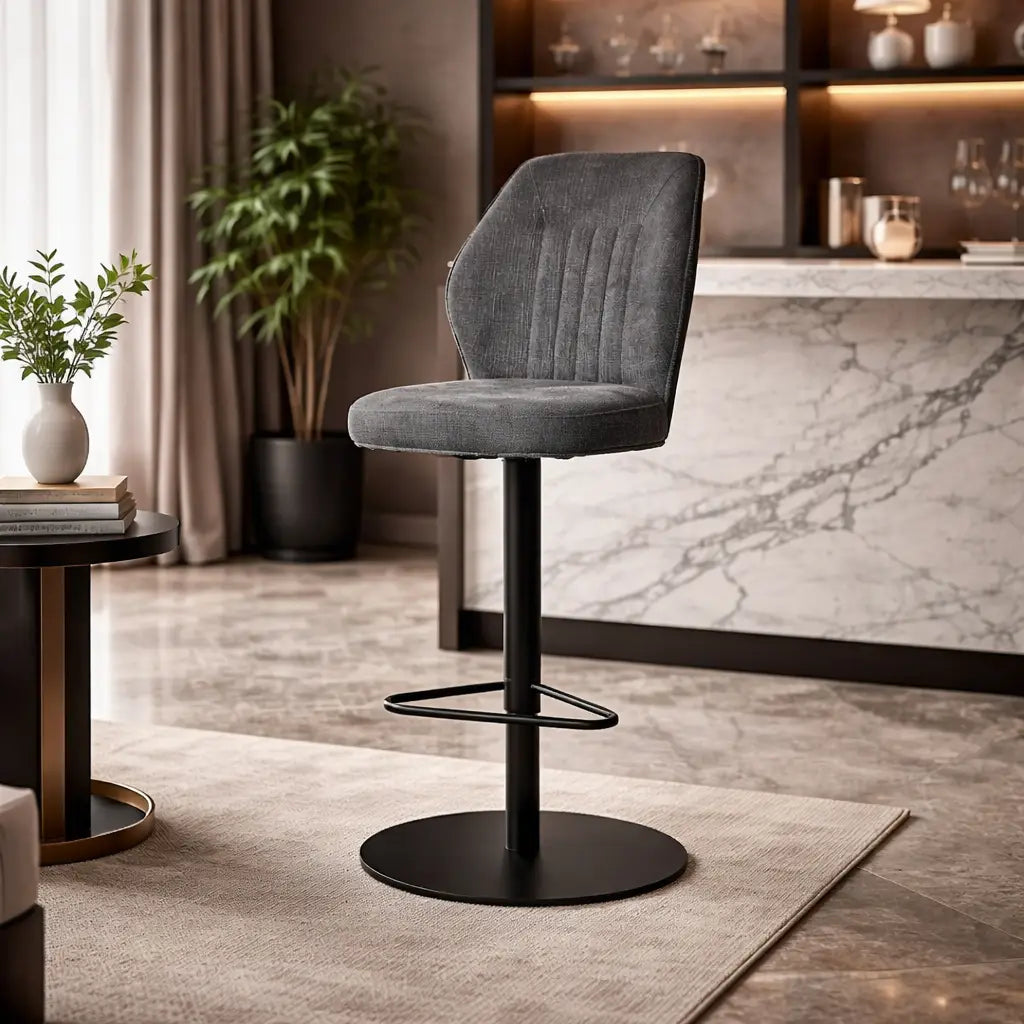 Contemporary Rich Grey Velvet Bar Stools with Matte Black Base