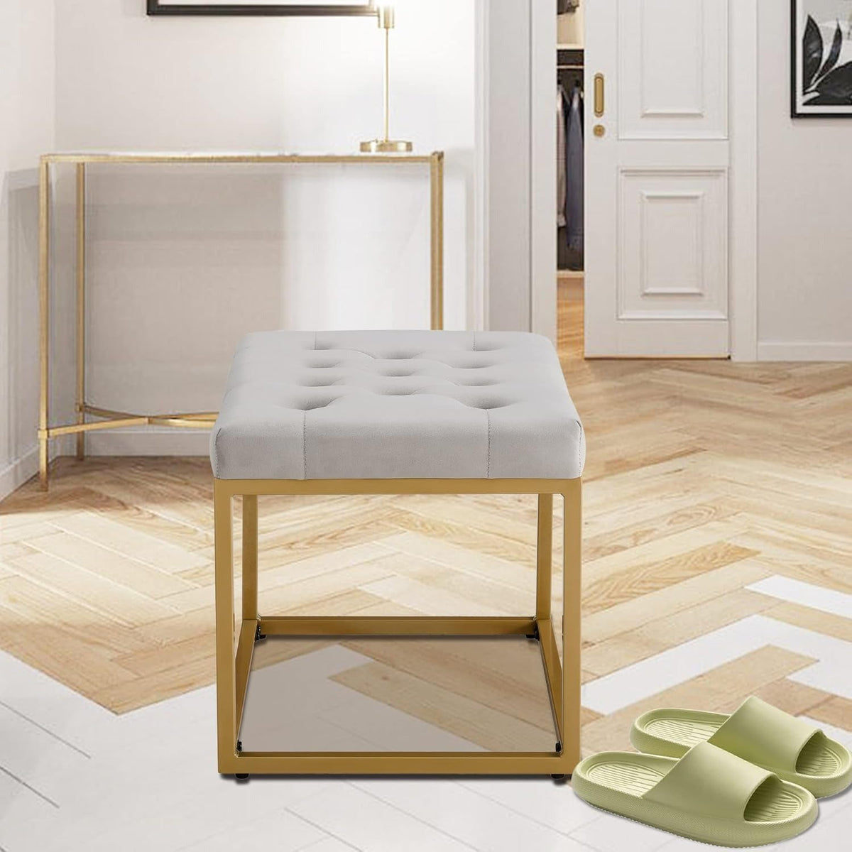 Contemporary Rich Grey Velvet Ottoman Seat with Metal Frame Design
