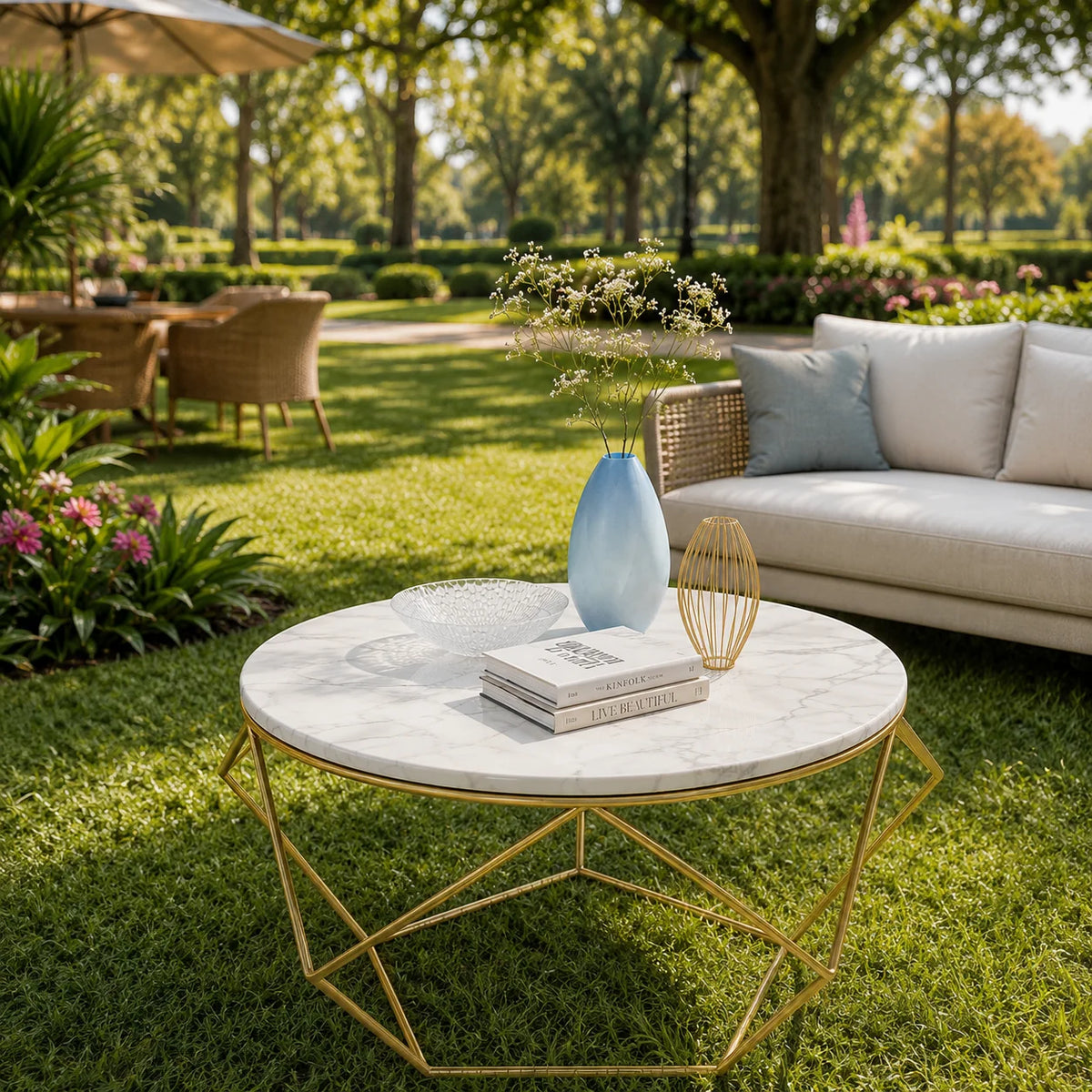 Contemporary Round Center Table with White Marble Finish & Gold Frame