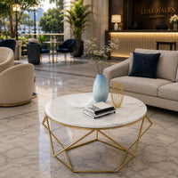 Contemporary Round Center Table with White Marble Finish & Gold Frame