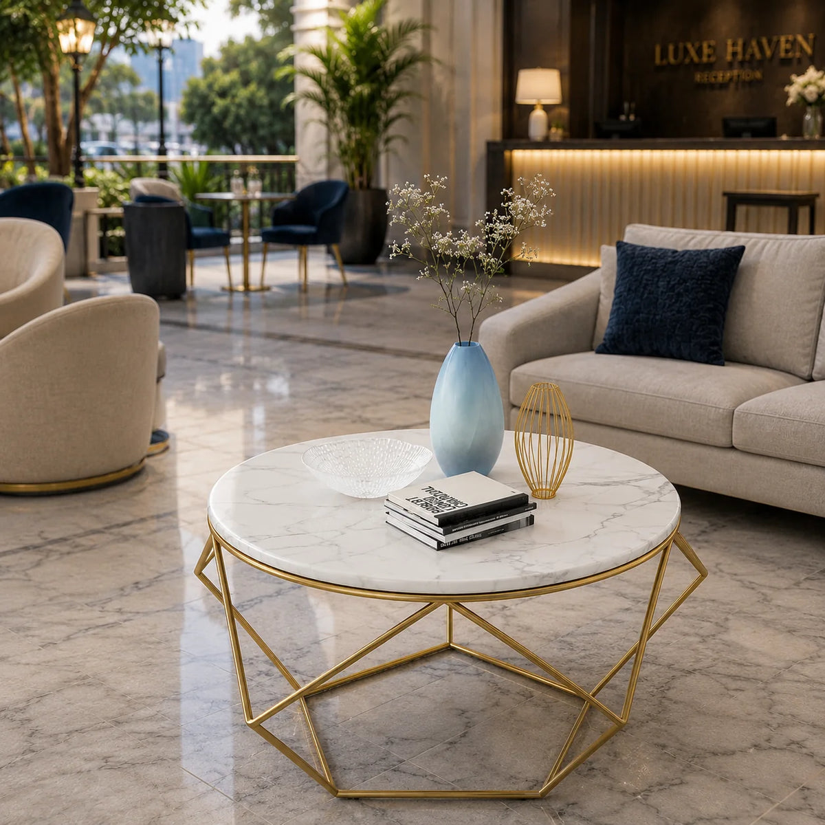 Contemporary Round Center Table with White Marble Finish & Gold Frame