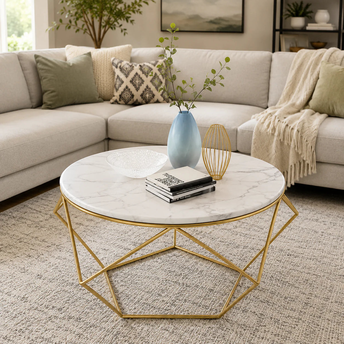 Contemporary Round Center Table with White Marble Finish & Gold Frame