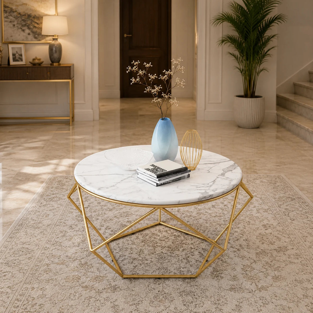 Contemporary Round Center Table with White Marble Finish & Gold Frame