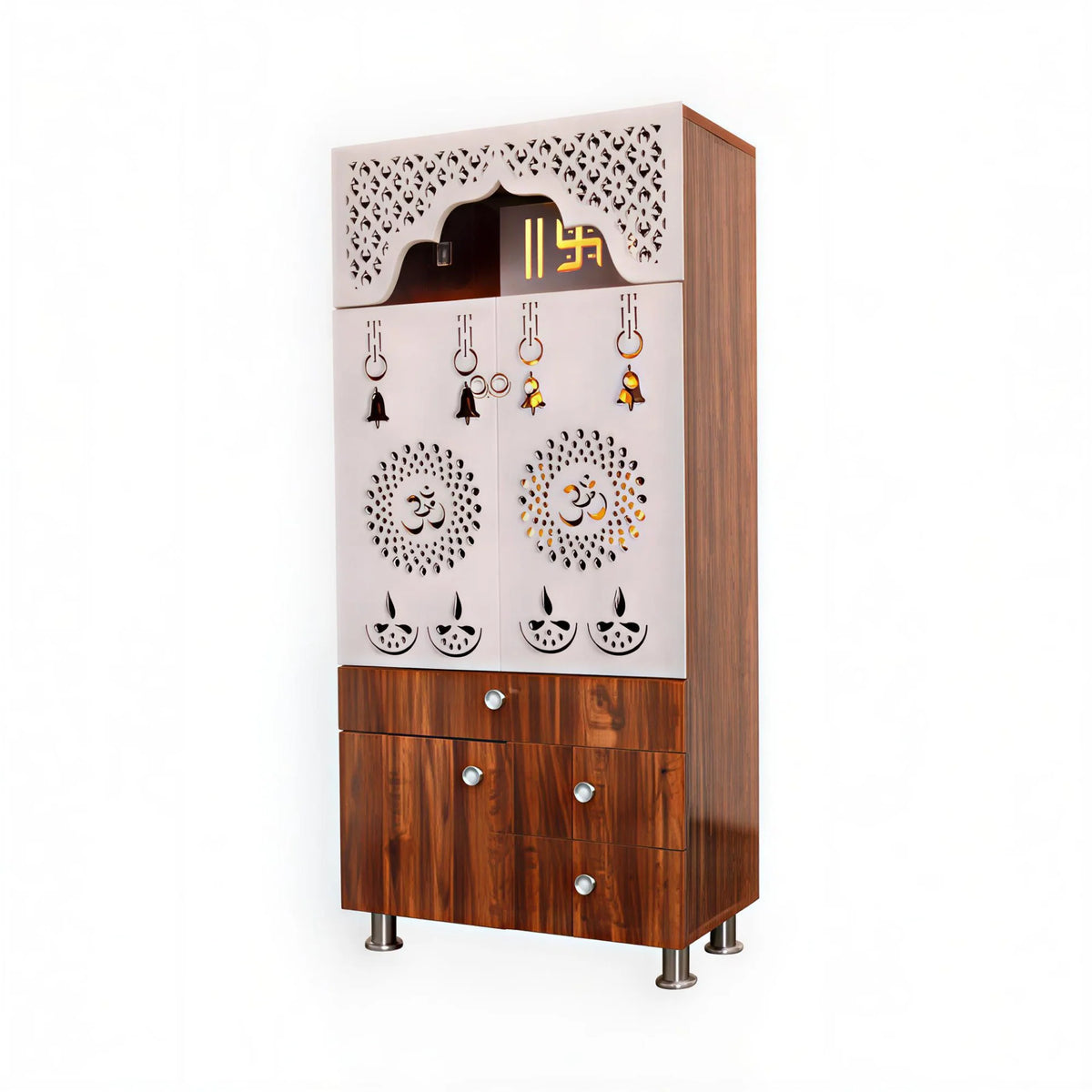 Contemporary White Arch Design Brown Finish Wooden Pooja Temple for Home & Office with LED Swastik OM Panel Drawer & Cabinet Storage