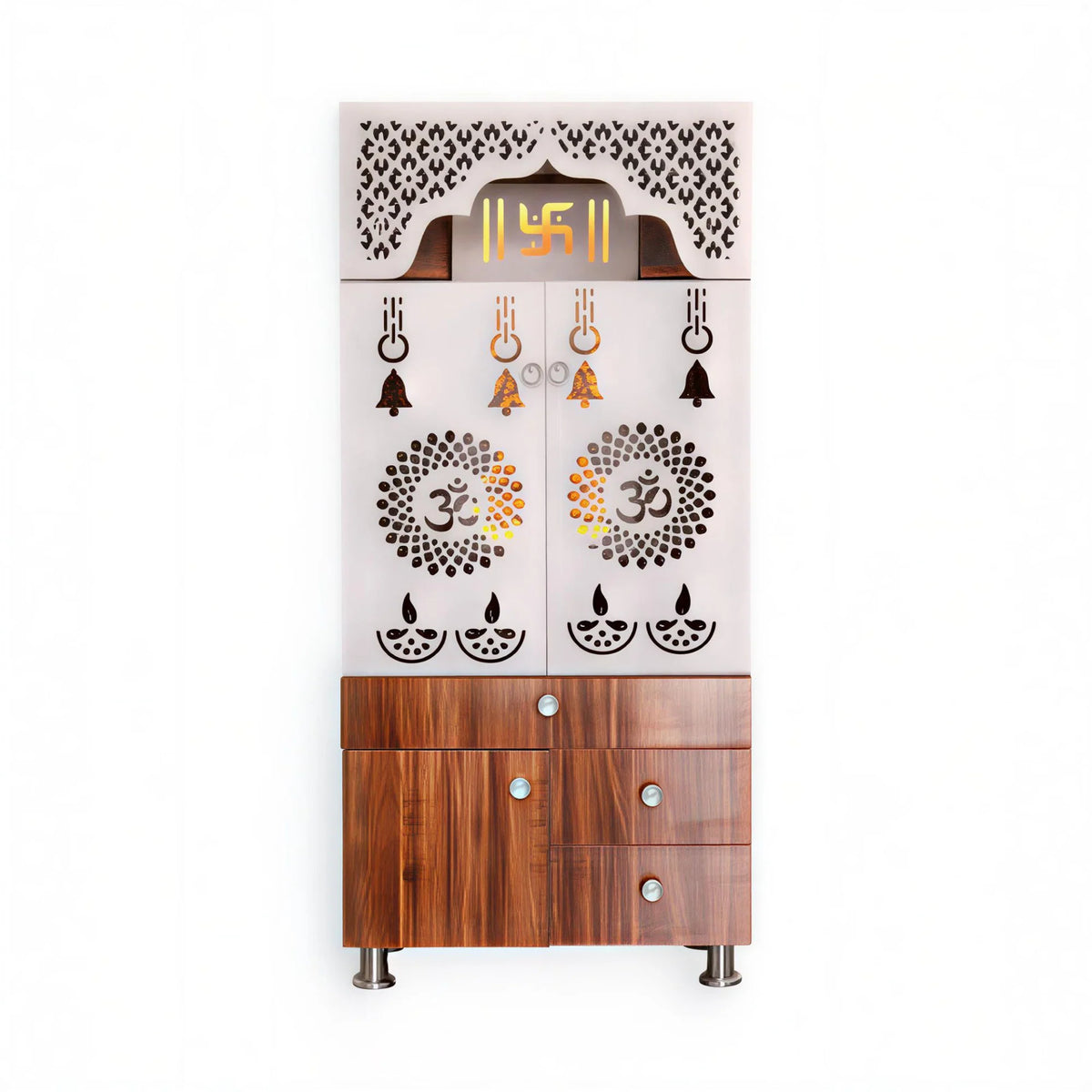 Contemporary White Arch Design Brown Finish Wooden Pooja Temple for Home & Office with LED Swastik OM Panel Drawer & Cabinet Storage