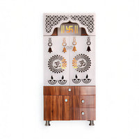 Contemporary White Arch Design Brown Finish Wooden Pooja Temple for Home & Office with LED Swastik OM Panel Drawer & Cabinet Storage