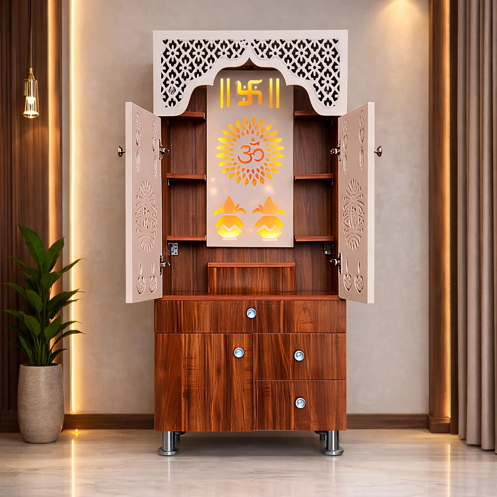 Contemporary White Arch Design Brown Finish Wooden Pooja Temple for Home & Office with LED Swastik OM Panel Drawer & Cabinet Storage