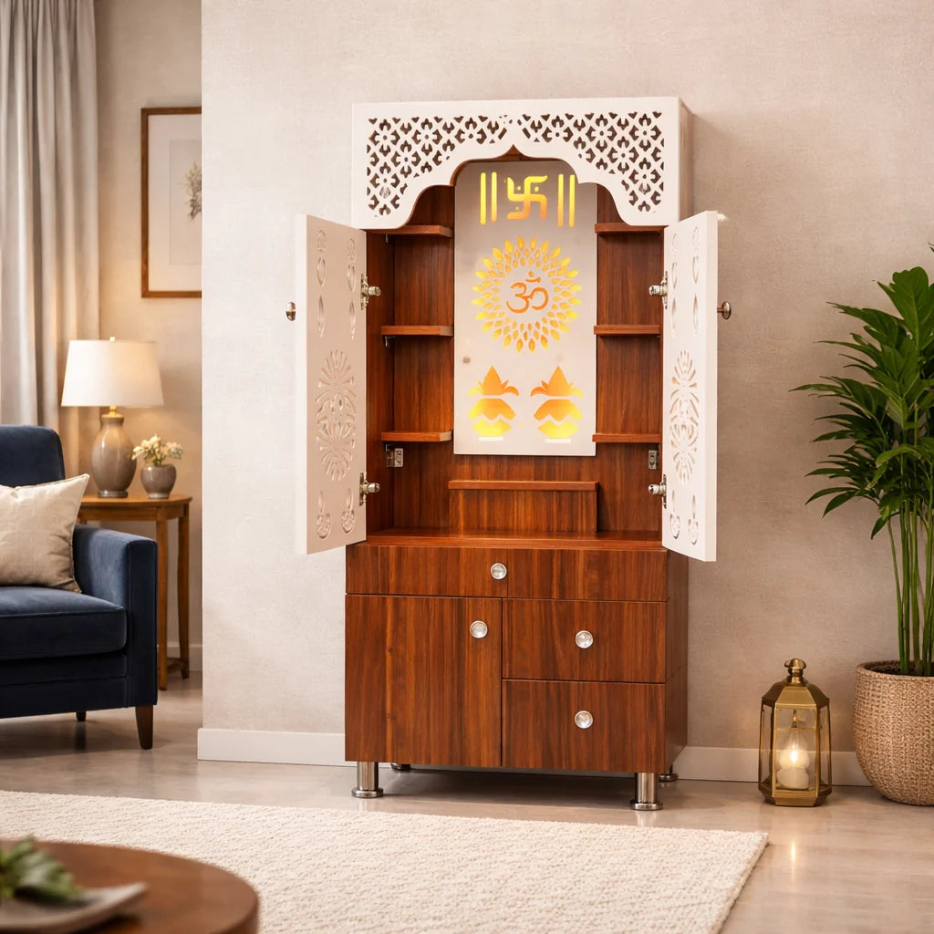 Contemporary White Arch Design Brown Finish Wooden Pooja Temple for Home & Office with LED Swastik OM Panel Drawer & Cabinet Storage