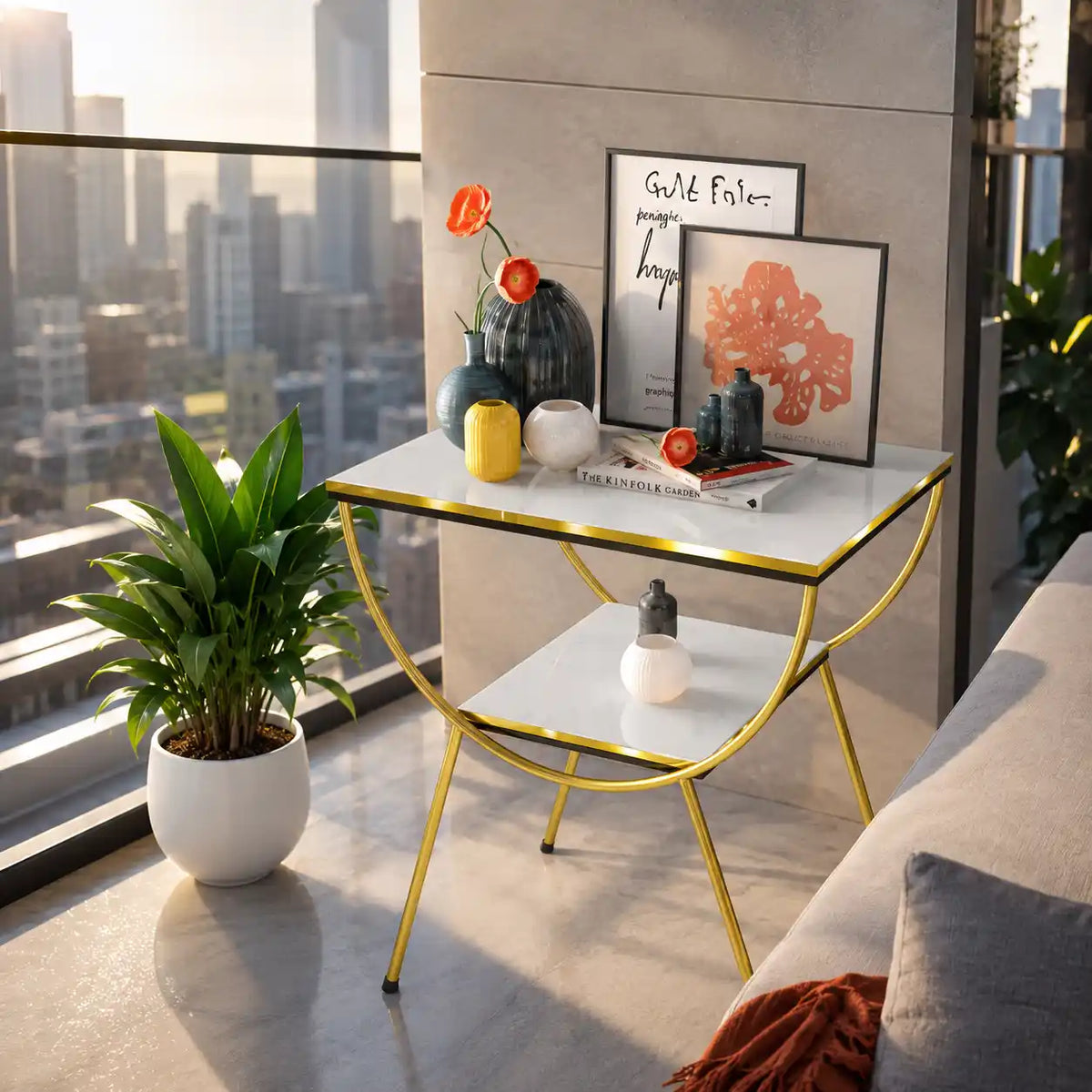Contemporary White Marble Bedside Table with Storage Shelf