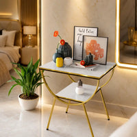 Contemporary White Marble Bedside Table with Storage Shelf