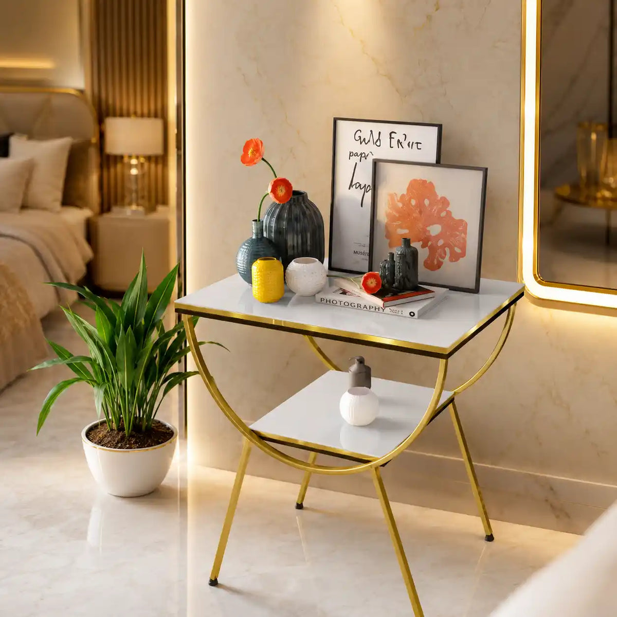 Contemporary White Marble Bedside Table with Storage Shelf