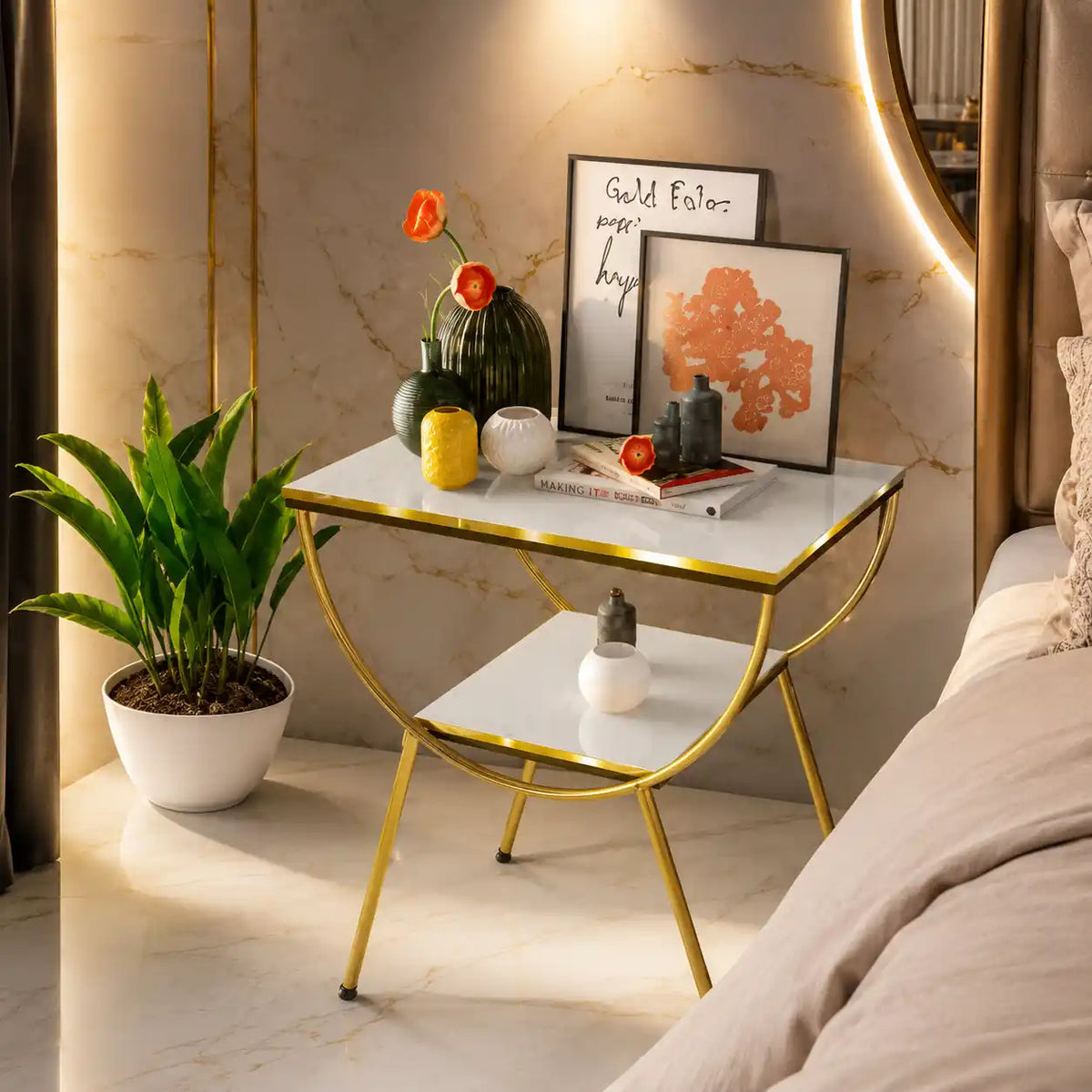 Contemporary White Marble Bedside Table with Storage Shelf