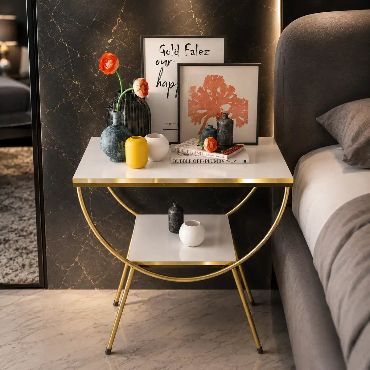 Contemporary White Marble Bedside Table with Storage Shelf