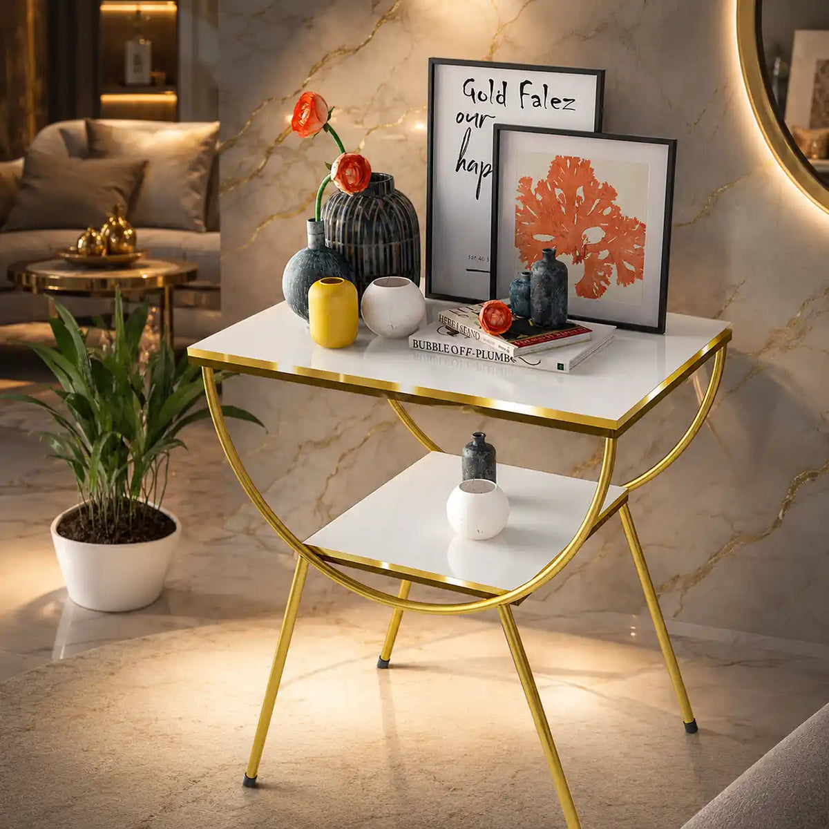 Contemporary White Marble Bedside Table with Storage Shelf