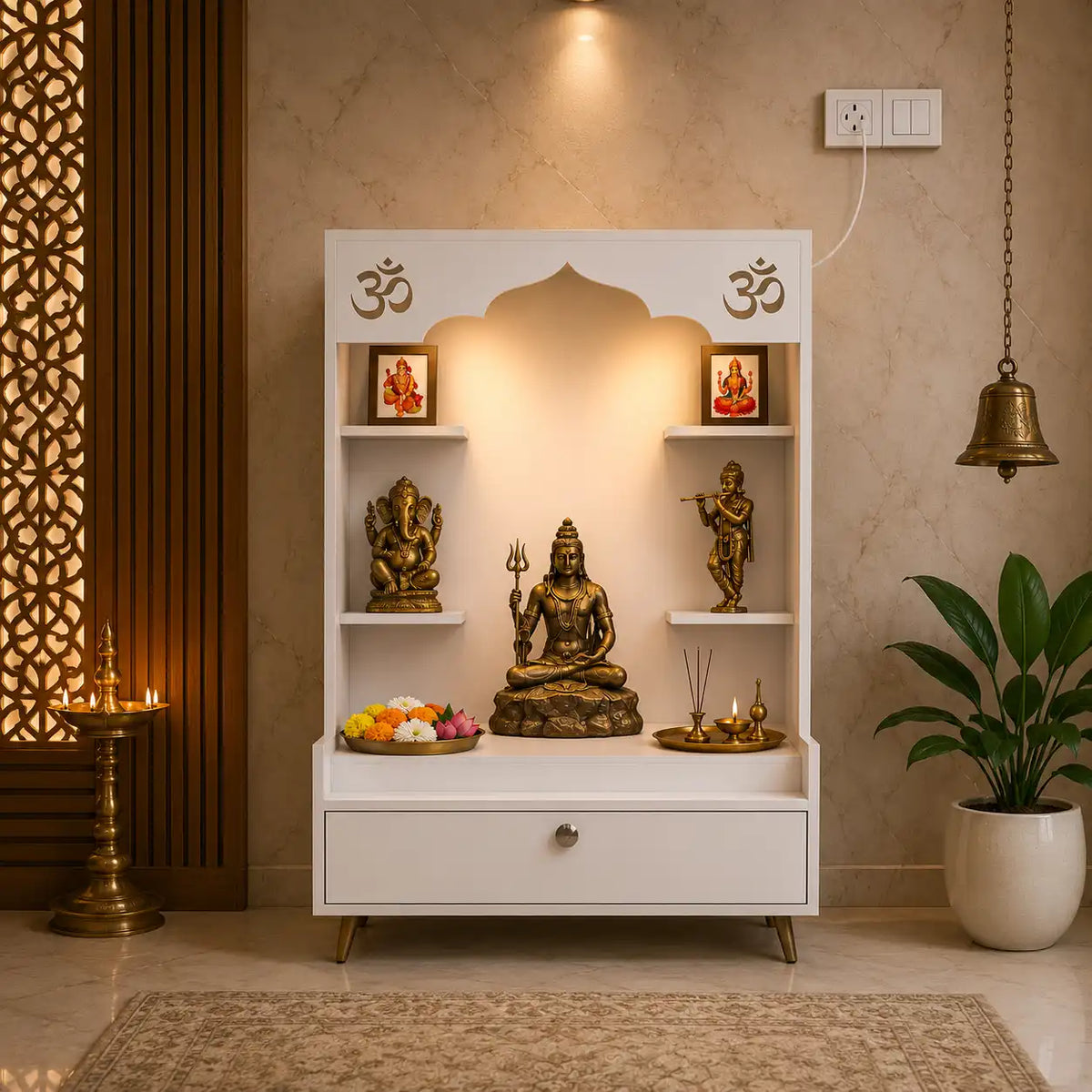 Contemporary White Wooden Floor Pooja Mandir with Open Shelves Om Engraving With Storage Drawer
