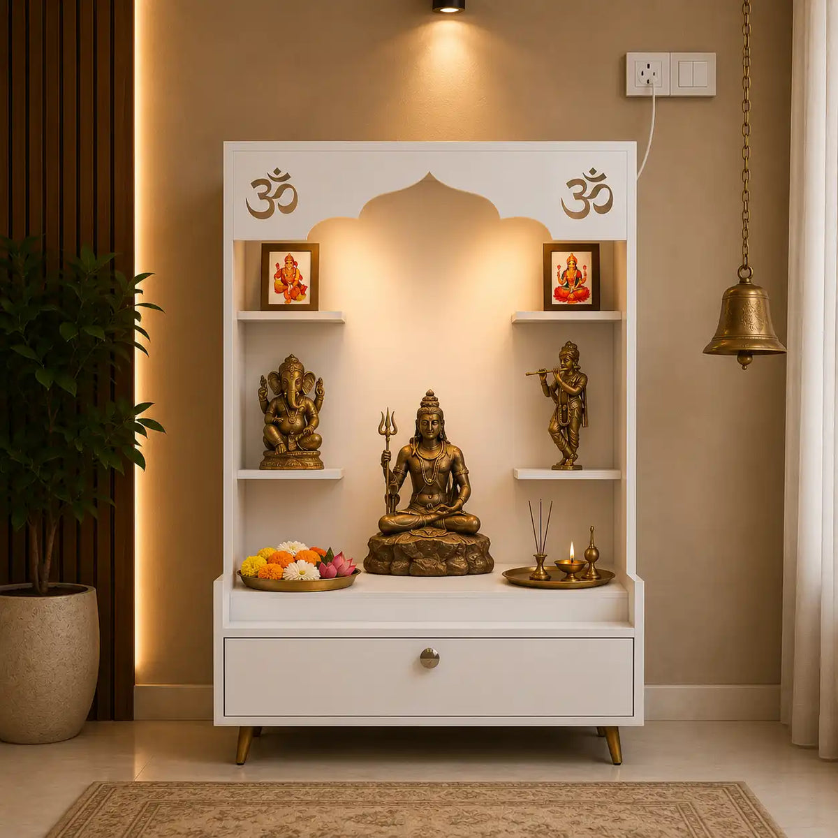 Contemporary White Wooden Floor Pooja Mandir with Open Shelves Om Engraving With Storage Drawer