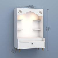 Contemporary White Wooden Floor Pooja Mandir with Open Shelves Om Engraving With Storage Drawer