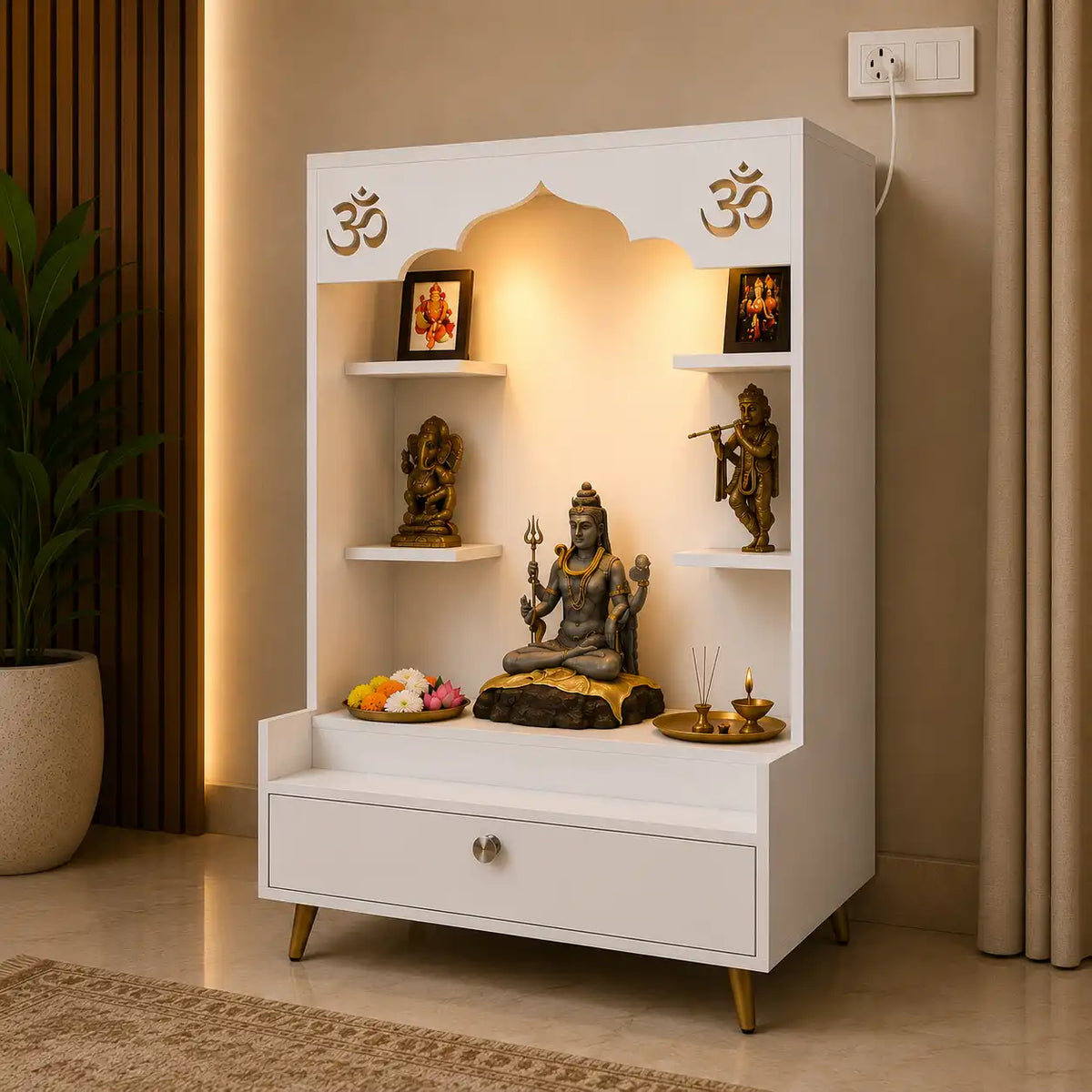 Contemporary White Wooden Floor Pooja Mandir with Open Shelves Om Engraving With Storage Drawer