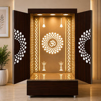Contemporary Wooden Temple with Illuminated Om and Side Panels