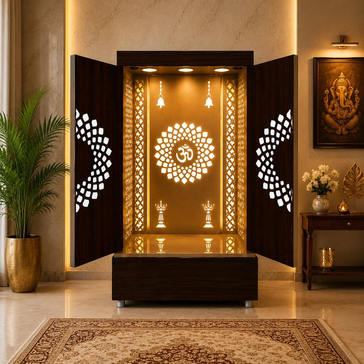 Contemporary Wooden Temple with Illuminated Om and Side Panels
