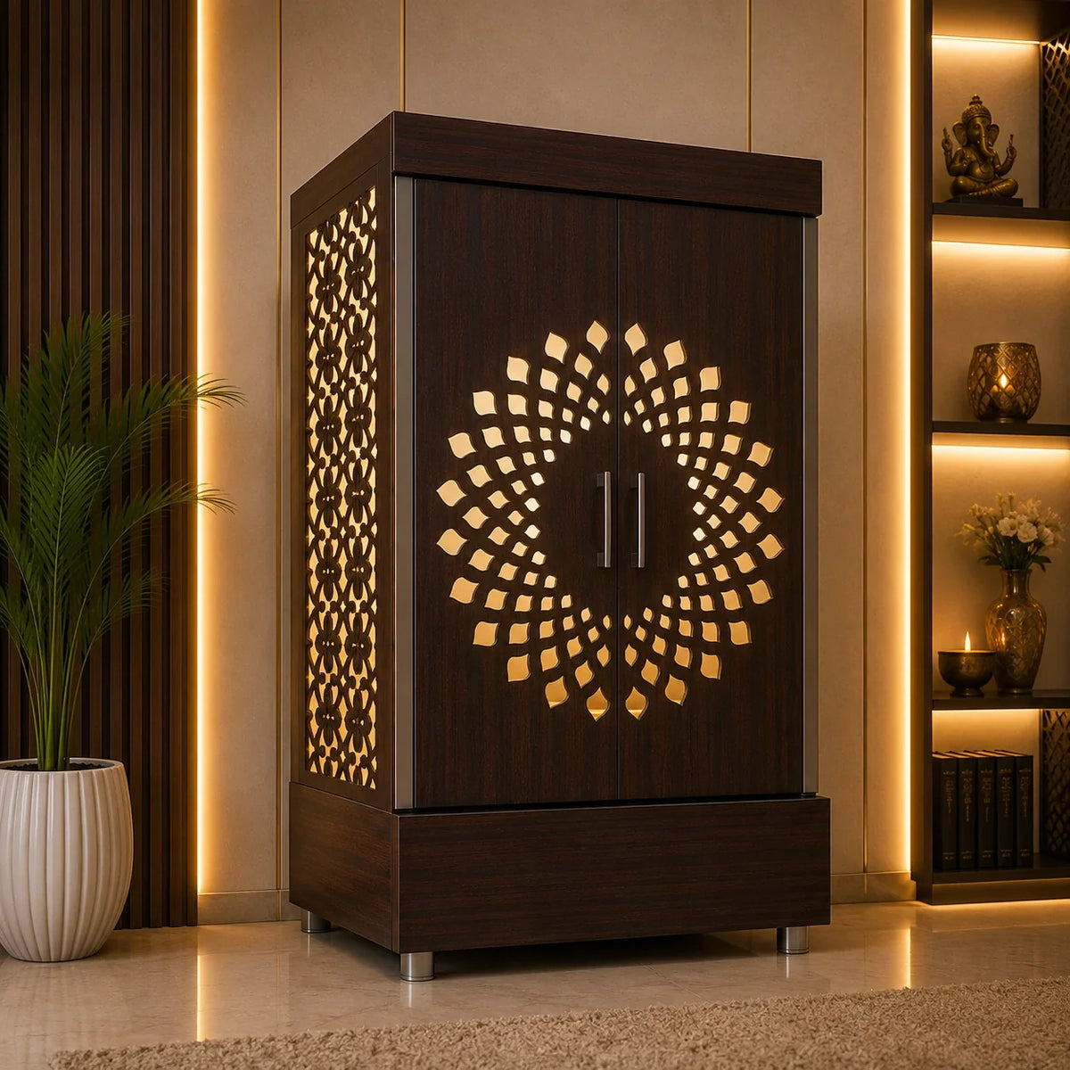 Contemporary Wooden Temple with Illuminated Om and Side Panels