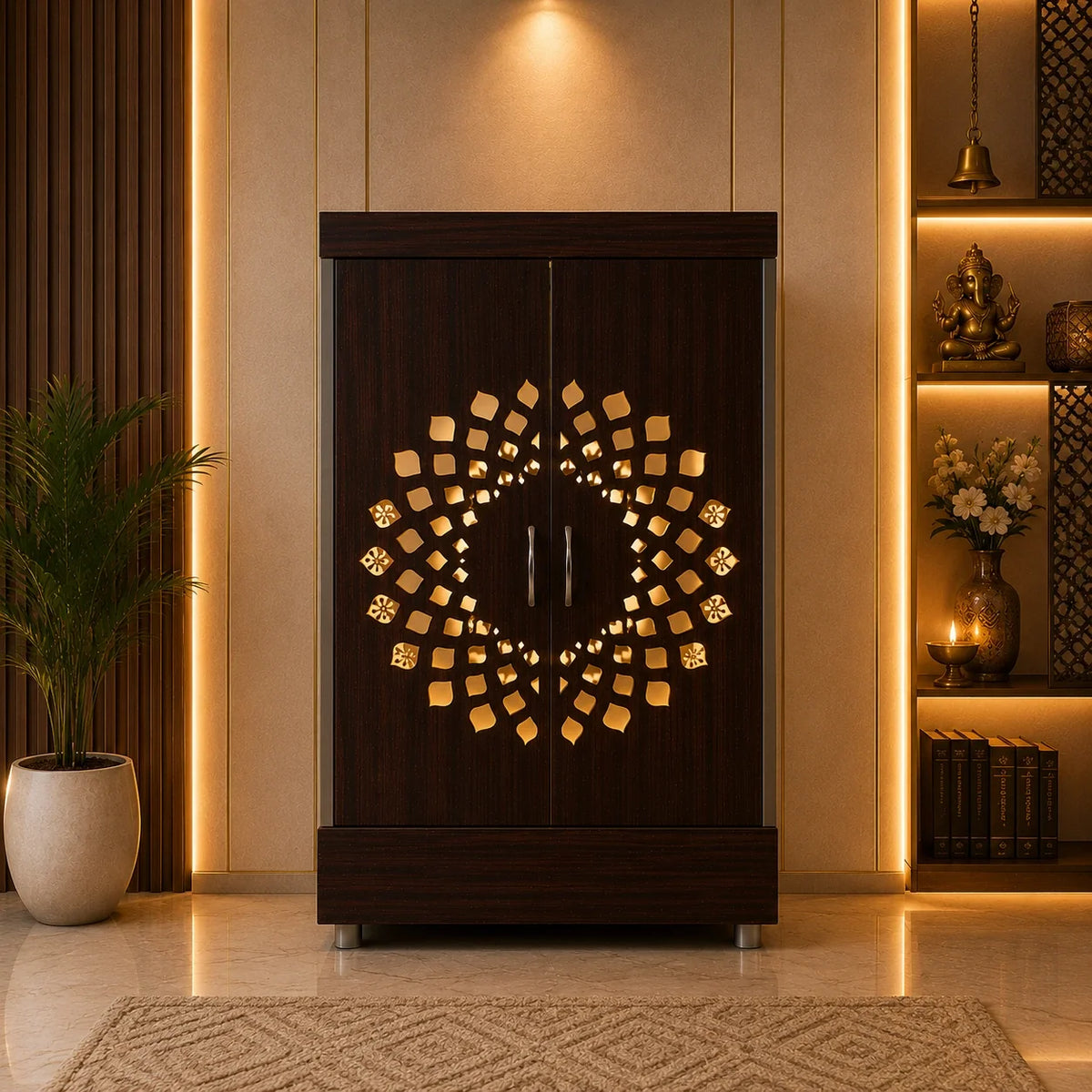Contemporary Wooden Temple with Illuminated Om and Side Panels