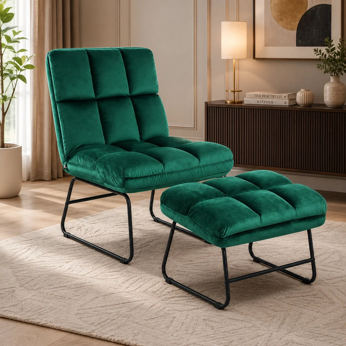 Square Tufted Design Rich Green Velvet Chair with Footrest