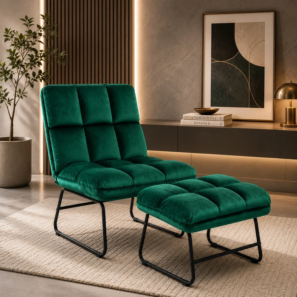 Square Tufted Design Rich Green Velvet Chair with Footrest