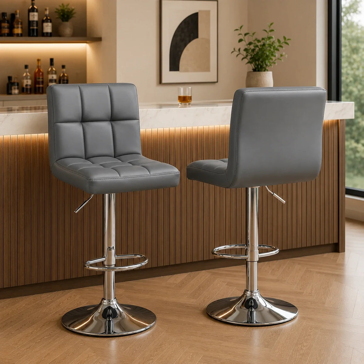 Luxurious Leatherette Grey Color Bar Stool / Long Chair