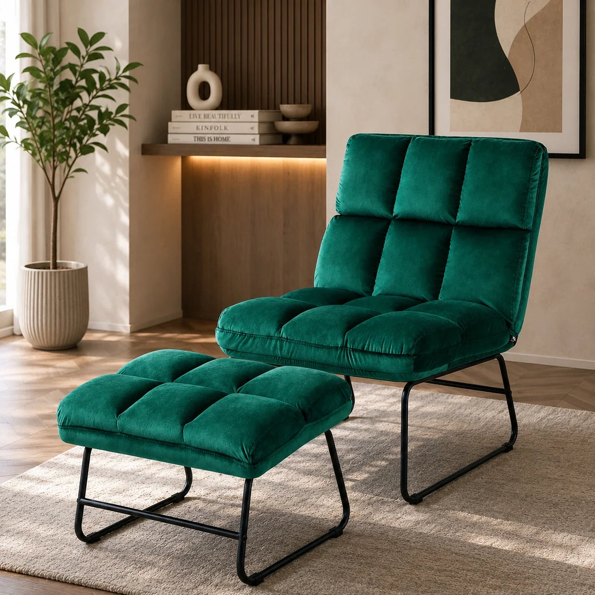 Square Tufted Design Rich Green Velvet Chair with Footrest