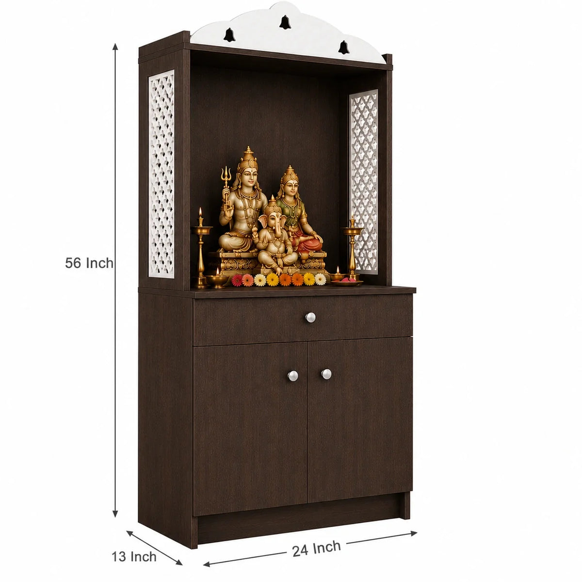 Attractive White Arch Design Dark Brown Finish Wooden Pooja Temple for Home & Office with Side Jali Panels & Drawer Cabinet Storage