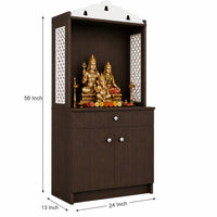 Attractive White Arch Design Dark Brown Finish Wooden Pooja Temple for Home & Office with Side Jali Panels & Drawer Cabinet Storage