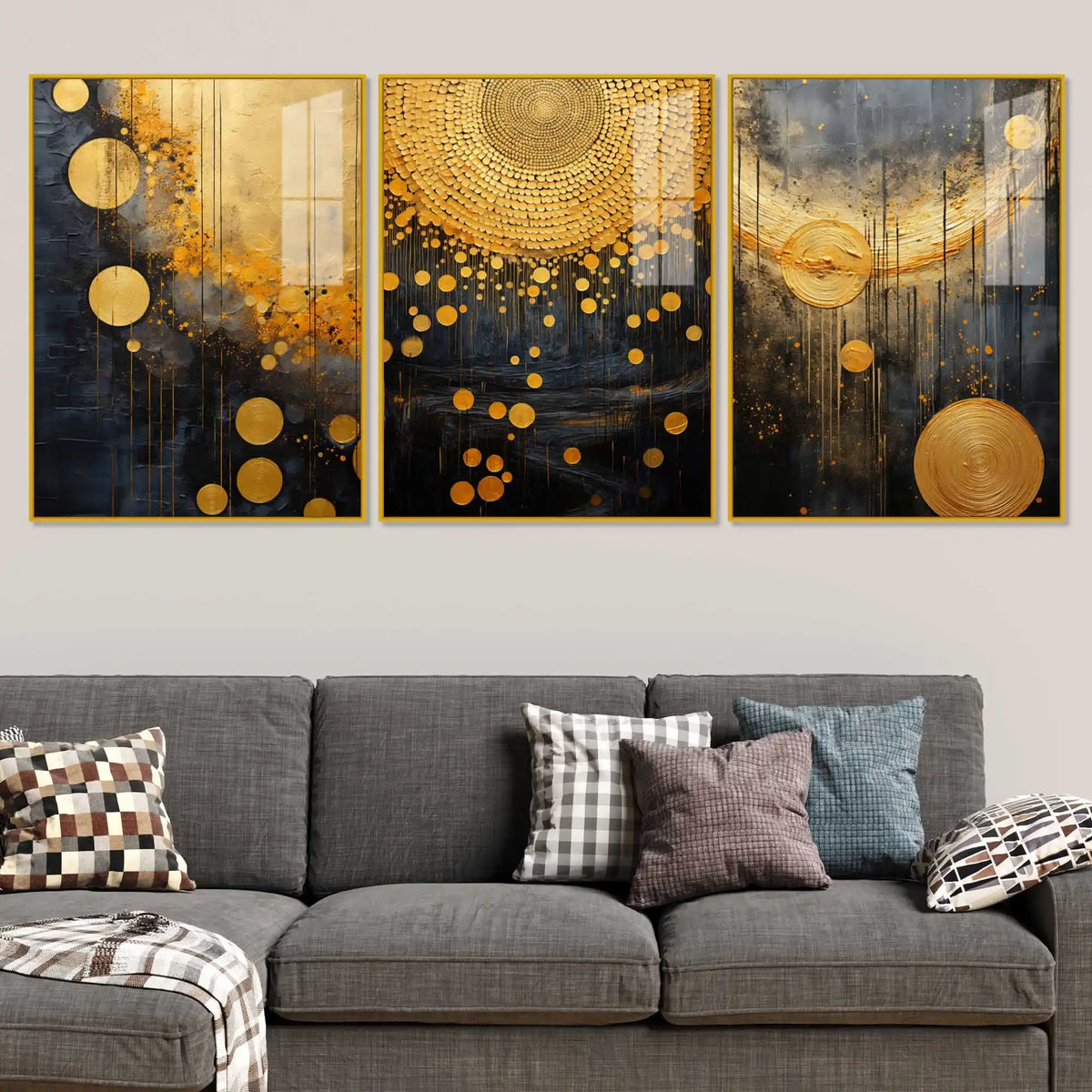Cosmic Golden Drizzle Acrylic Floating Frame Wall Painting Set of 3