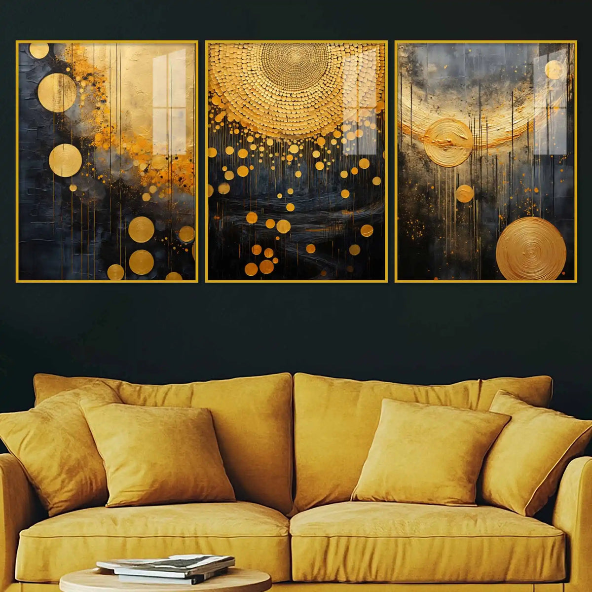 Cosmic Golden Drizzle Acrylic Floating Frame Wall Painting Set of 3