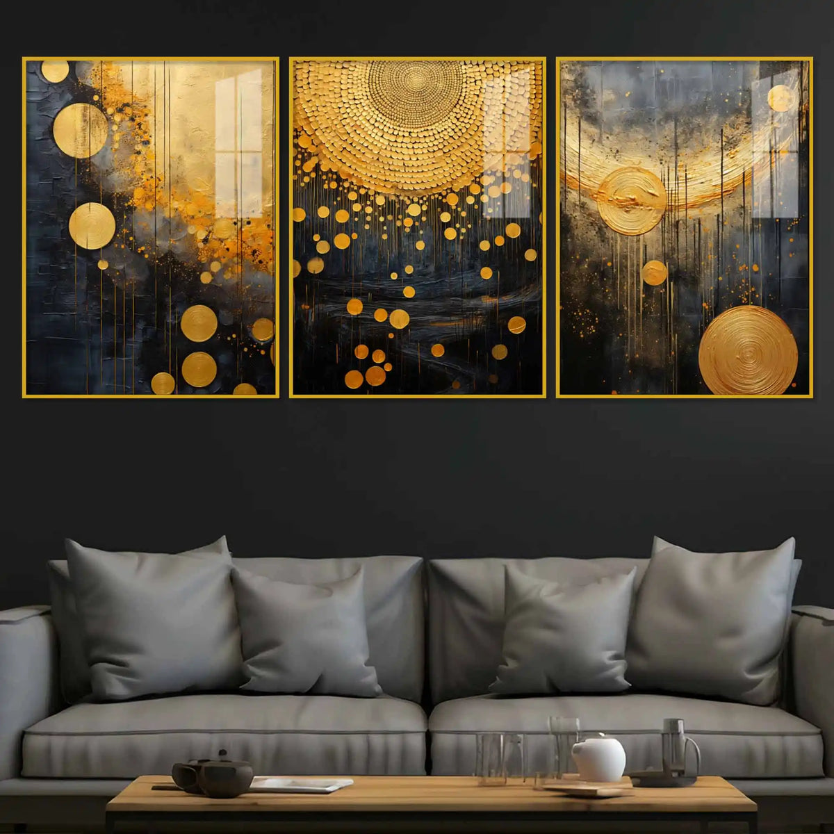 Cosmic Golden Drizzle Acrylic Floating Frame Wall Painting Set of 3