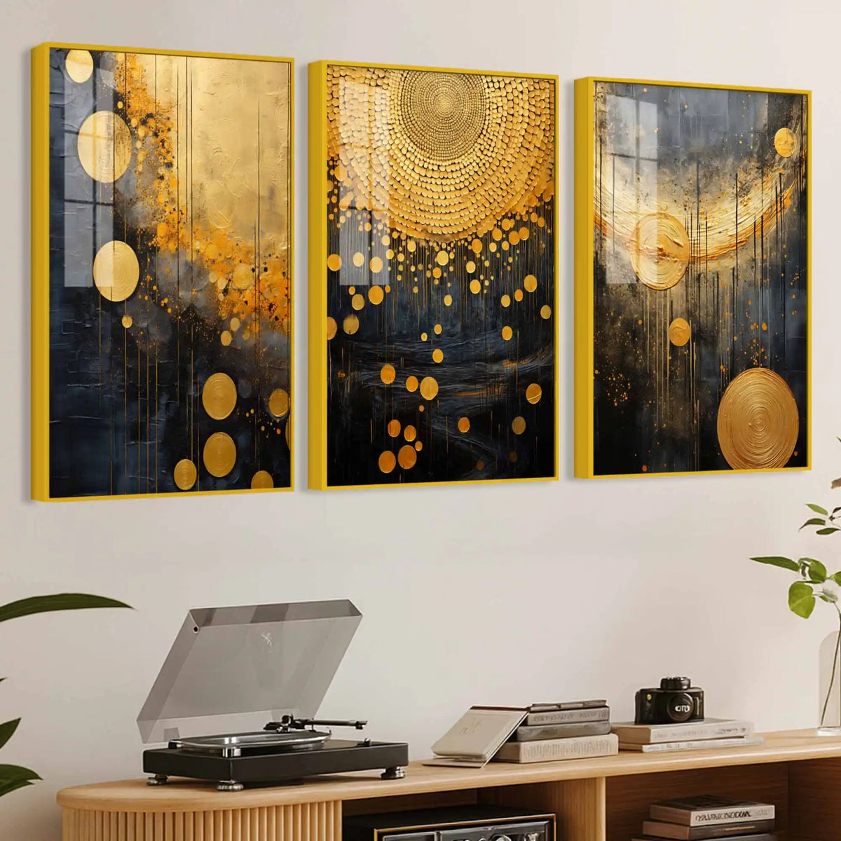 Cosmic Golden Drizzle Acrylic Floating Frame Wall Painting Set of 3